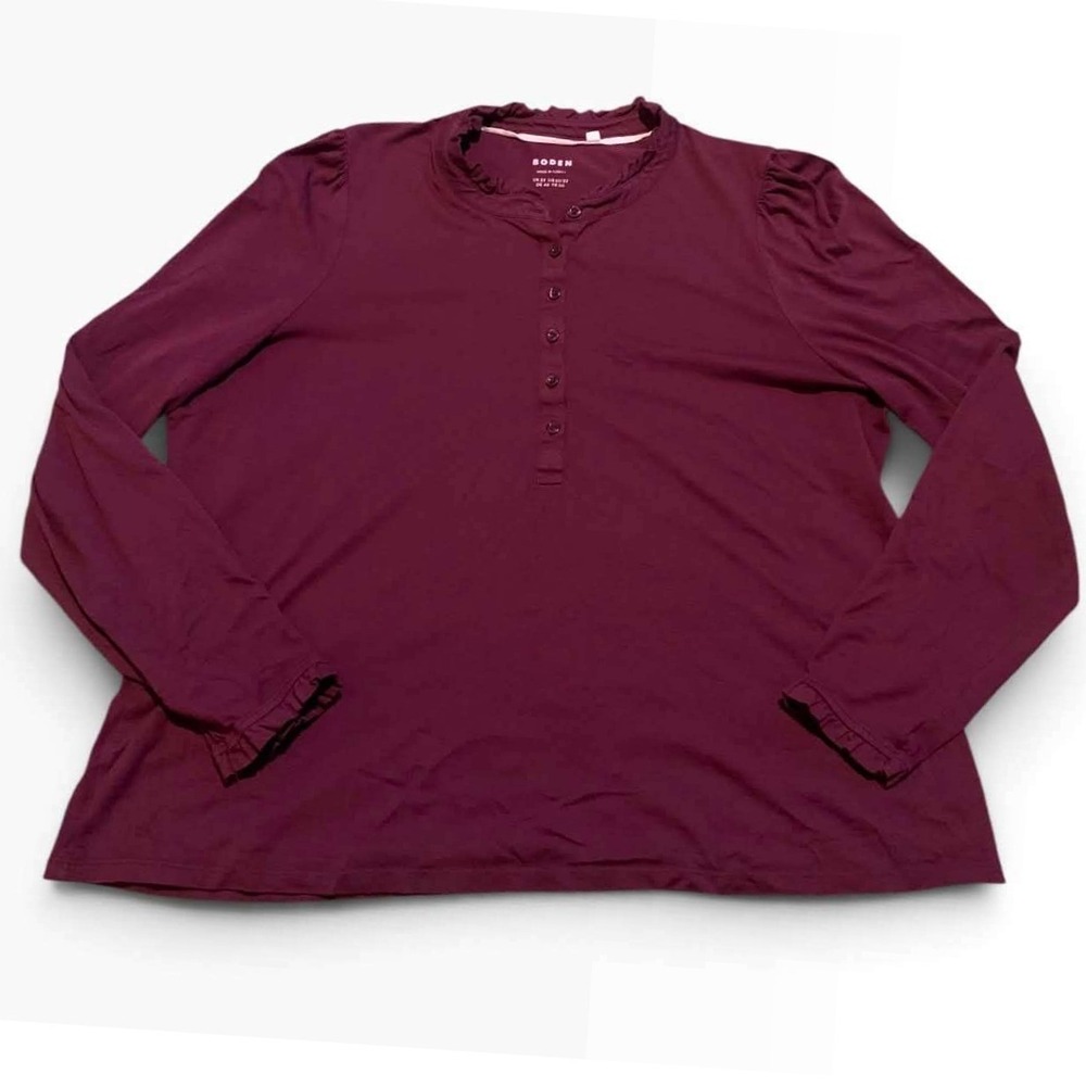 Boden Henley Top Womens 20/22 Burgundy Ruffle Trim Long Sleeve Cottagecore